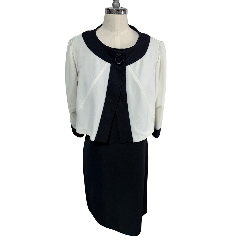 Studio I Dress Suit Set 2 Piece Sheath Bolero Women 6 Black White Career Preppy